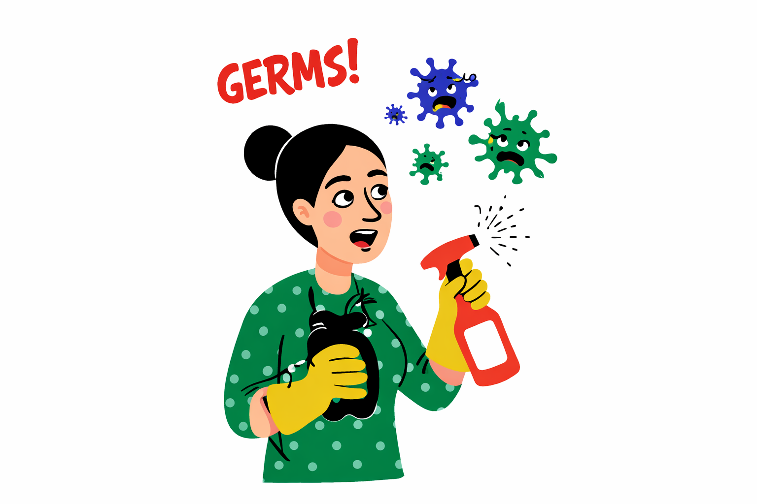 Мизофобия — страх грязи и микробов: женщина в перчатках с антисептиком