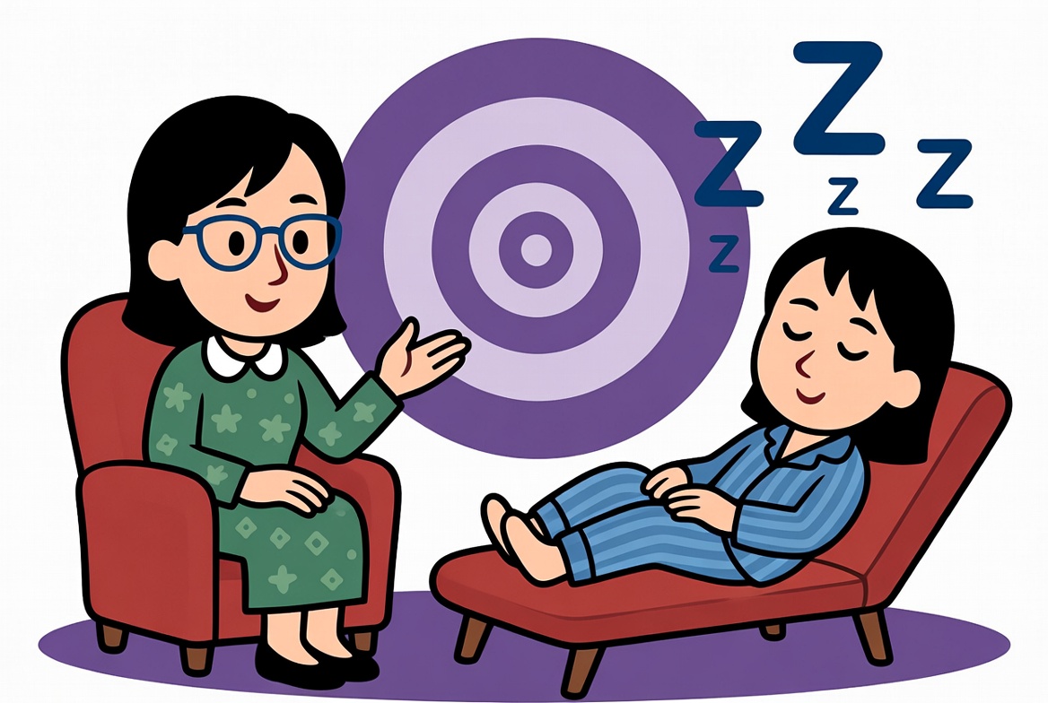 Иллюстрация гипнотерапии при бессоннице: специалист проводит расслабляющую сессию, клиент спокойно отдыхает