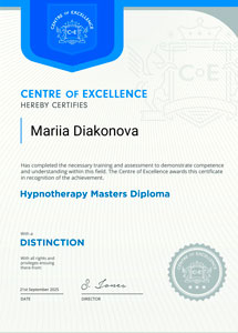 Hypnotherapy Masters Diploma (Distinction), Centre of Excellence — 2025
